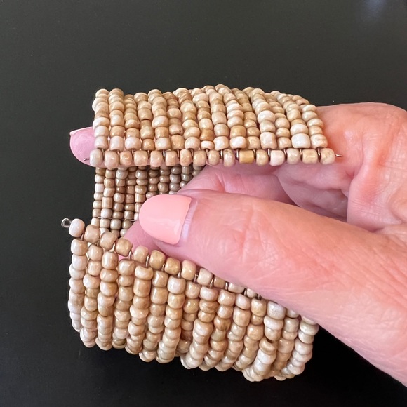 Handmade Beaded Bohemian Stacked Open Cuff Bracelet in Neutral Beige Shades ~ 2” - Picture 3 of 7
